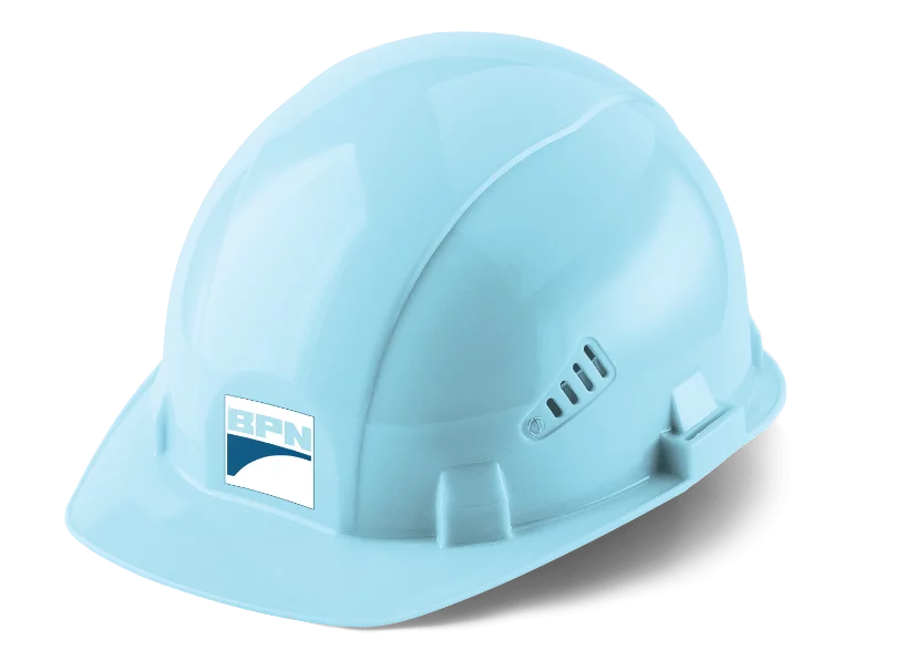Blauer Baustellenhelm mit BPN Logo